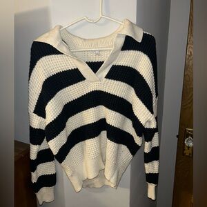 Madewell Navy and Cream Striped V-Neck Sweater